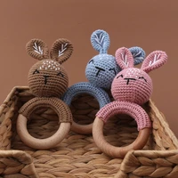 1Pc Bunny Bear Wooden Ring Crochet Cartoon Animal Rabbite Rattle Toy Mobile Pram Crib Newborn Molar Chewing Teether Education 2