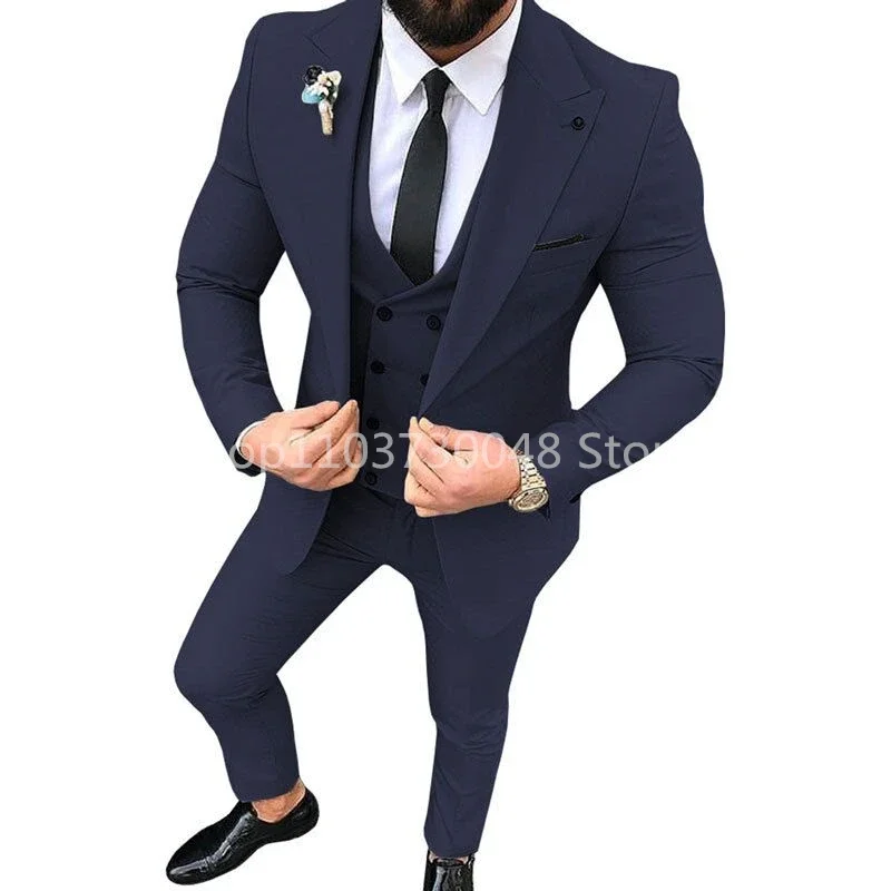 Solid Men's 3 Pieces Suit One Button Peak Lapel Jacket Vest Trousers Dinner Wedding Tuxedos Slim Fit Formal Business Suits