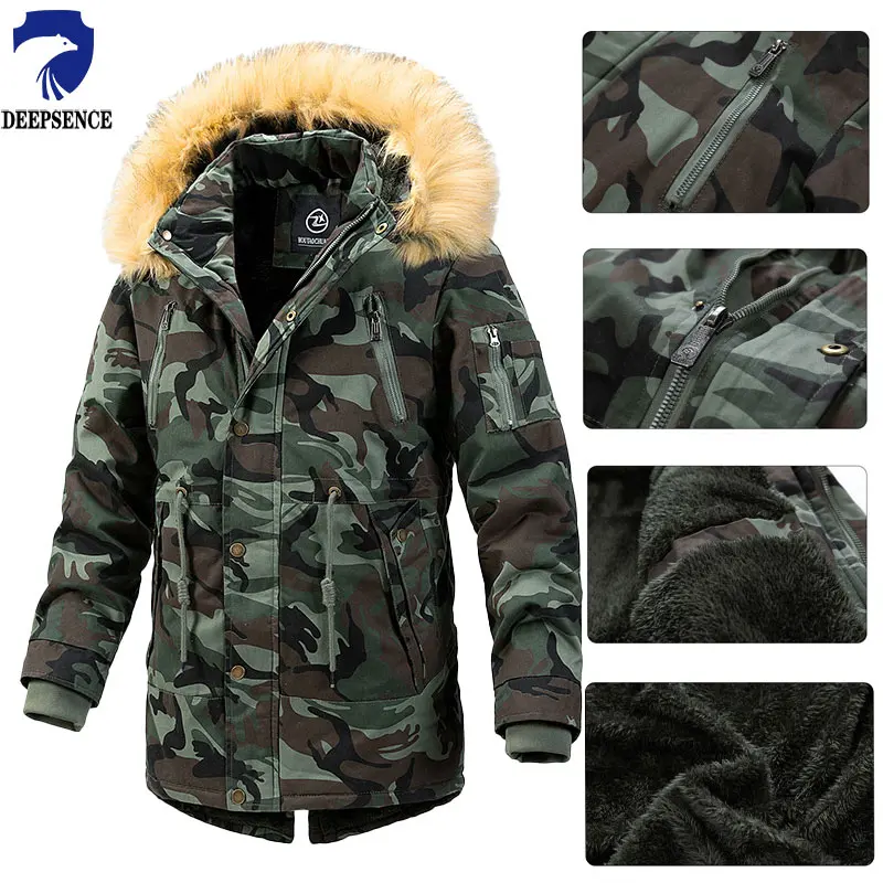 Winter Outdoor Men's Jacket Warm Hunting Camouflage Thickened Mid-Length Parker Workwear Camouflage Windproof Jacket