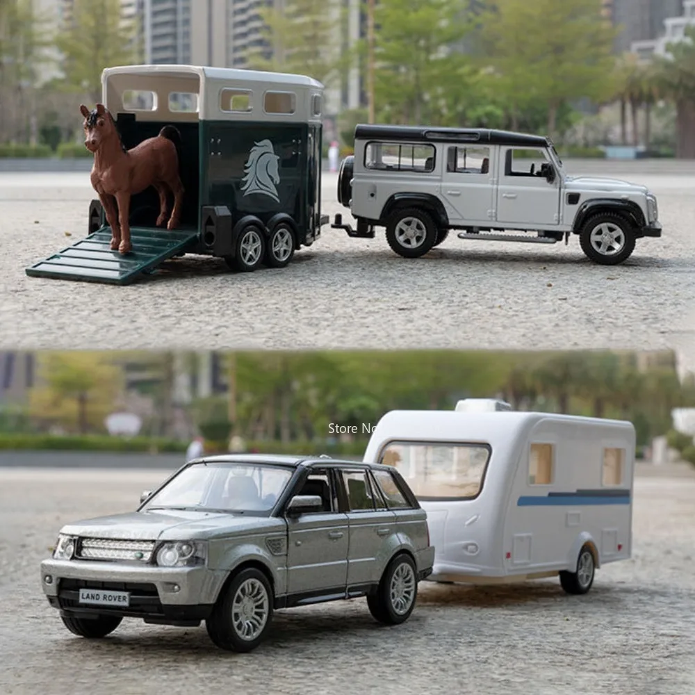 Alloy Diecast Land Rover and RV Caravan Toy Set with Opening Doors