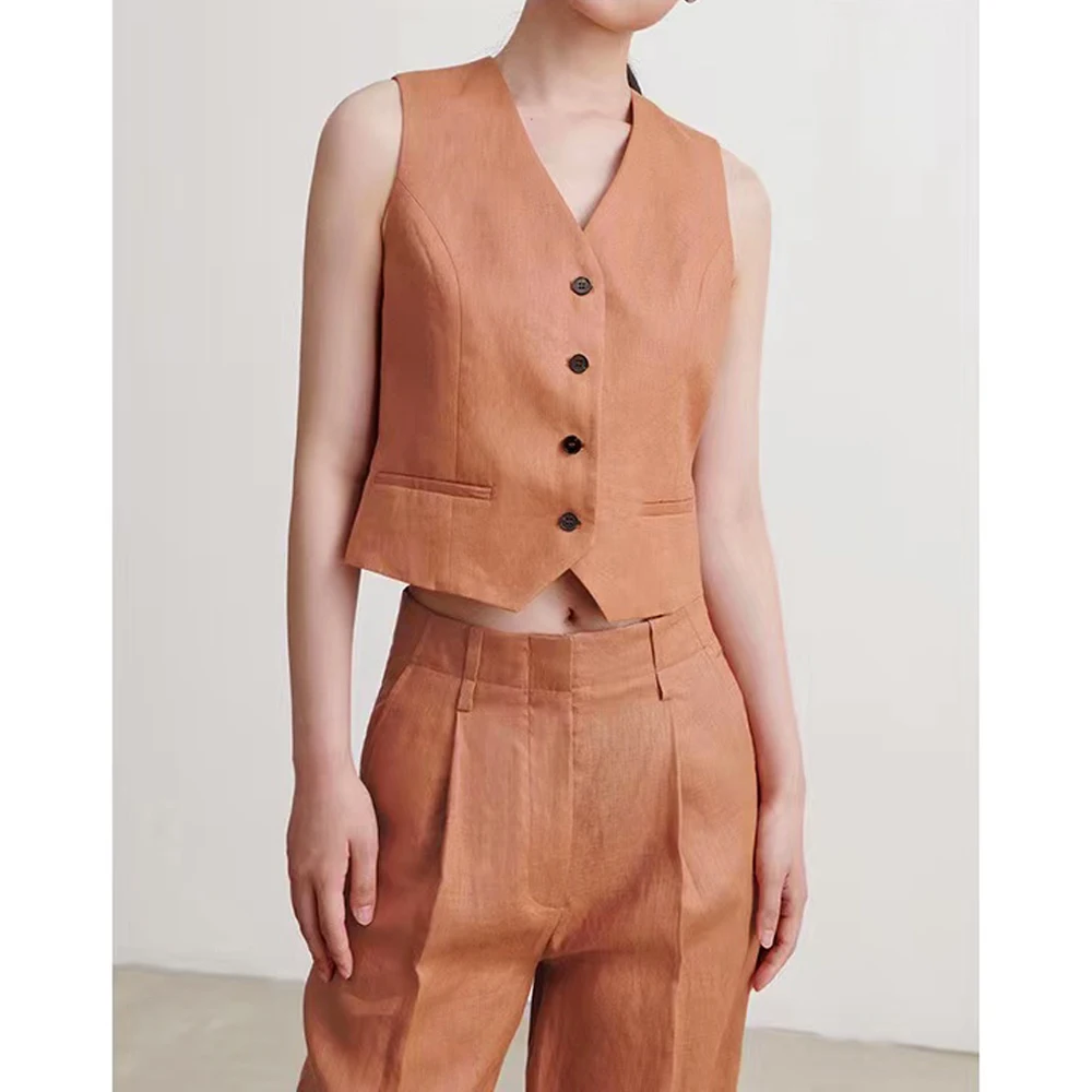 

Summer Linen 2-Piece Set Sleeveless Jacket Pants Elegant Casual Suit Women's Sports Suits for Women Professional Groups of Pant