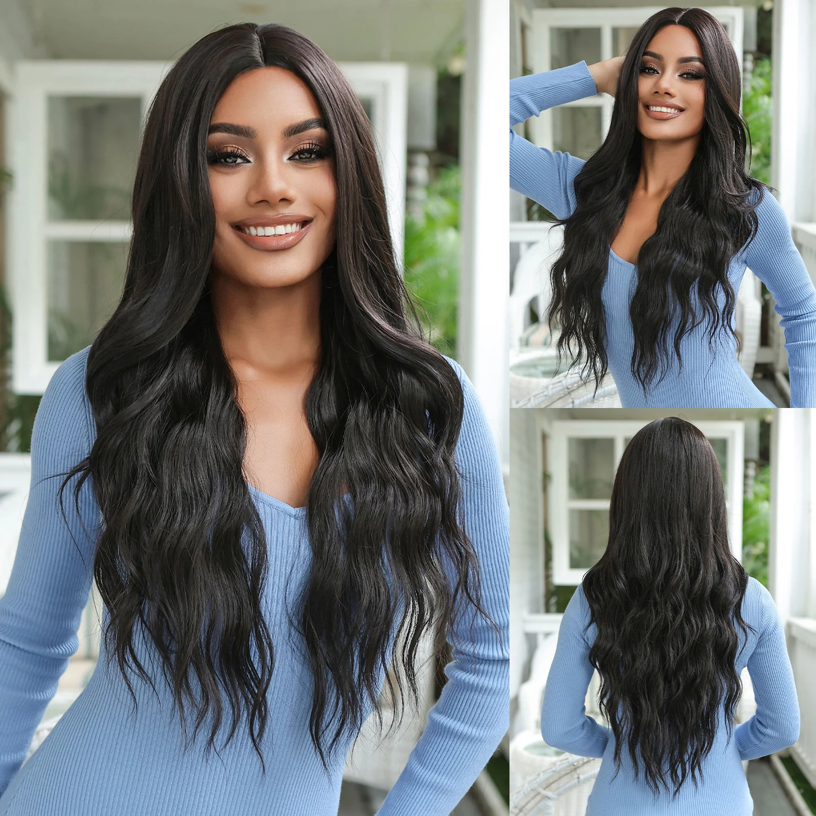 

Black Loose Wavy Synthetic Wigs Natural Lace Front Wig Daily Party Lolita Wigs Middle Part Women Fake Hair Heat Resistant Fiber