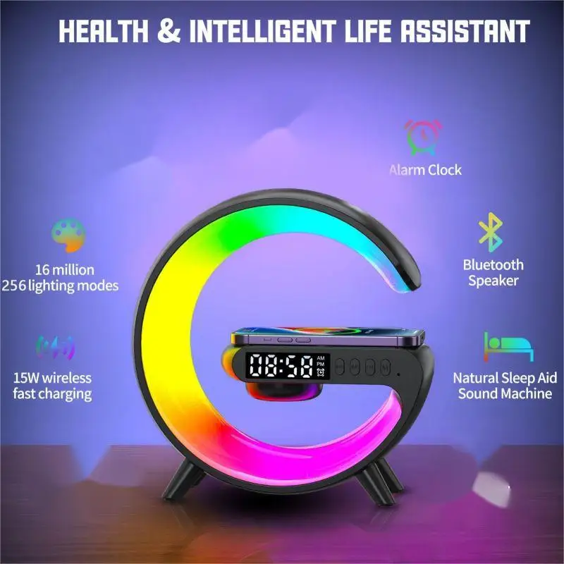 

Multifunction Wireless Charger Stand Bluetooth Speaker RGB Light Alarm Clock FM Radio Fast Charging Station for IPhone Samsung