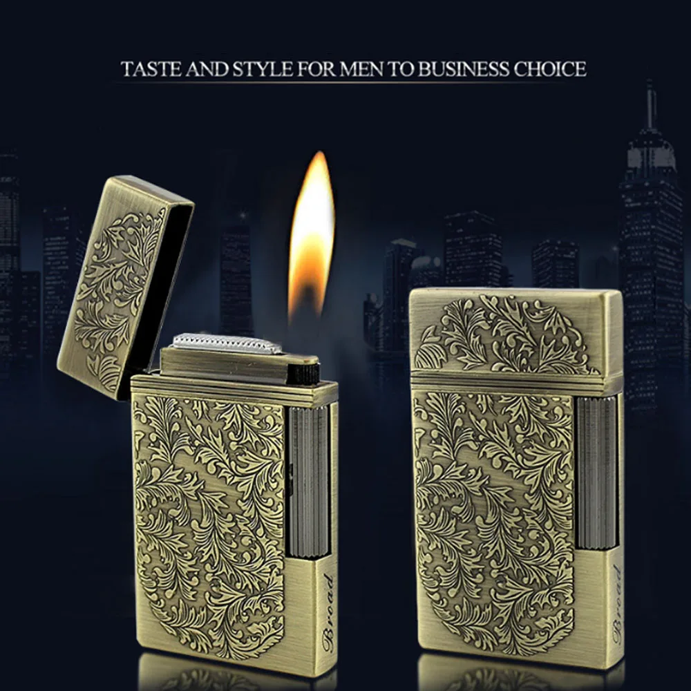 Vintage Metal Floral Pattern Bright Sound Gas Lighter Grinding Wheel Flint Cigarette Lighters Men Smoker Gadget butane gas lighter,cigarette lighter