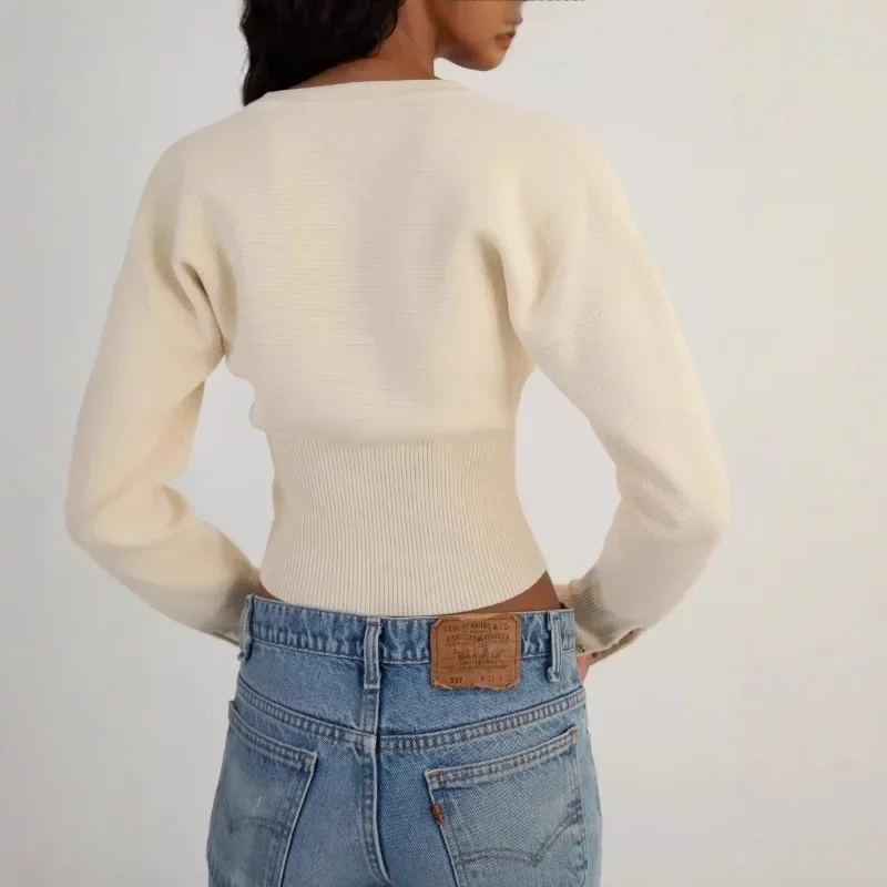 Women's High Waist Round Neck Single Breasted Cardigan Solid Long Sleeve Short Sweater Top Autumn Slim Bottoming Shirt 6