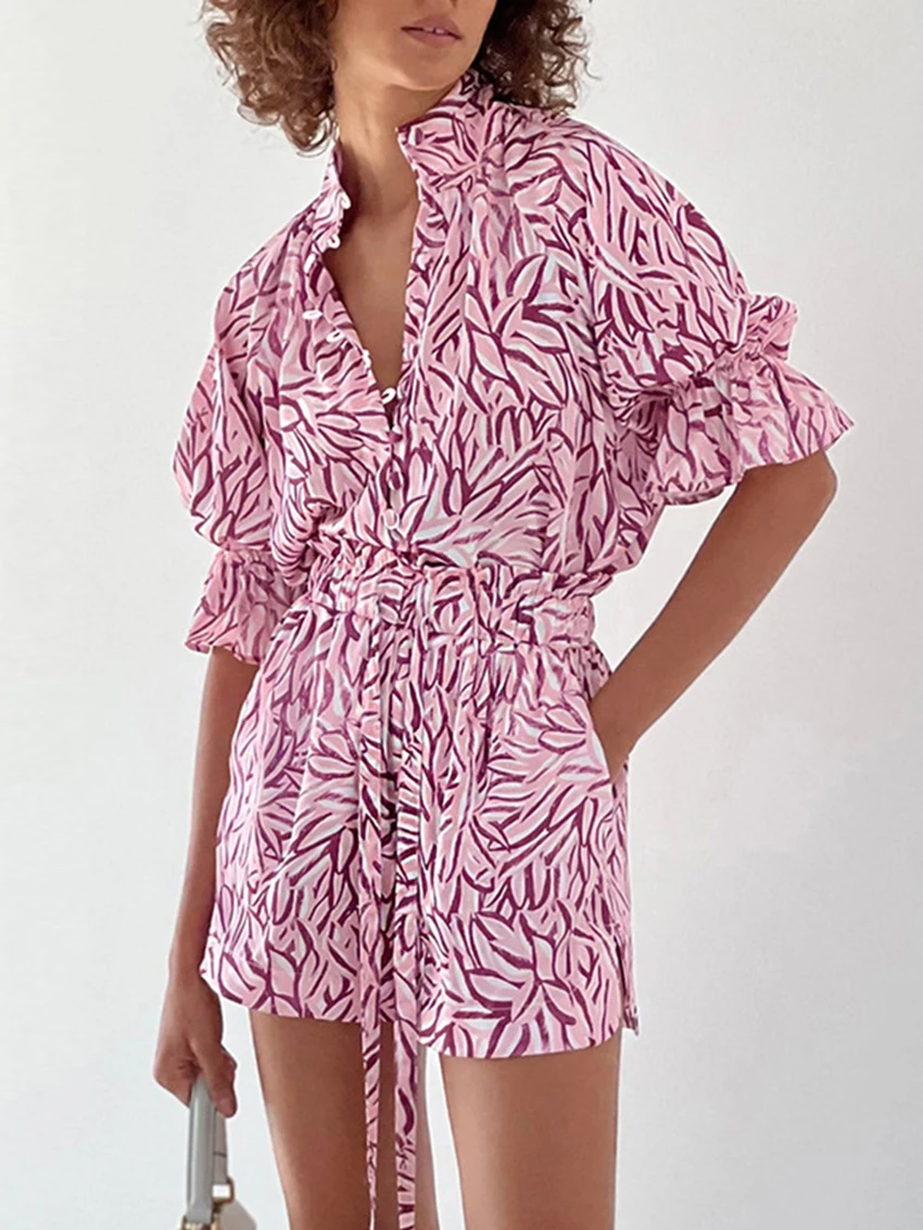 Marthaqiqi Printing Ladies Nightgown Suit Turn-Down Collar Sleepwear Lace Up Half Sleeve Nightie Shorts Casual Female Pajama Set