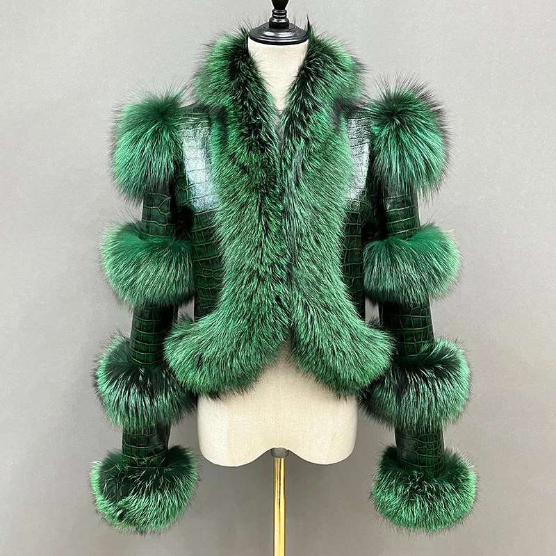 New Women Leather Jacket With Fox Fur Crocodile Pattern Sheepskin Leather Lady Fashion Genuine Leather Coat NZ5275