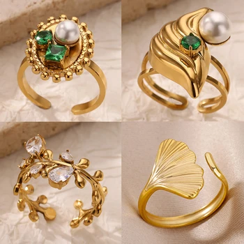 Green Zircon Geometric Croissant Rings for Women Stainless Steel Gold Color Adjustable Olive Leaf Ring Aesthetic Wedding Jewelry