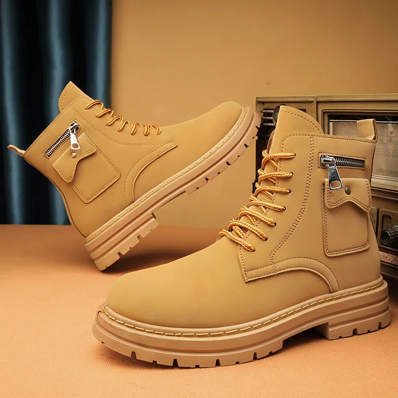 

2023 модные желтые Мужские осенне-зимние ботинки для инструментов, мотоциклетные ботинки на платформе, мужские повседневные кожаные ботильоны для мужчин, Рабочая обувь