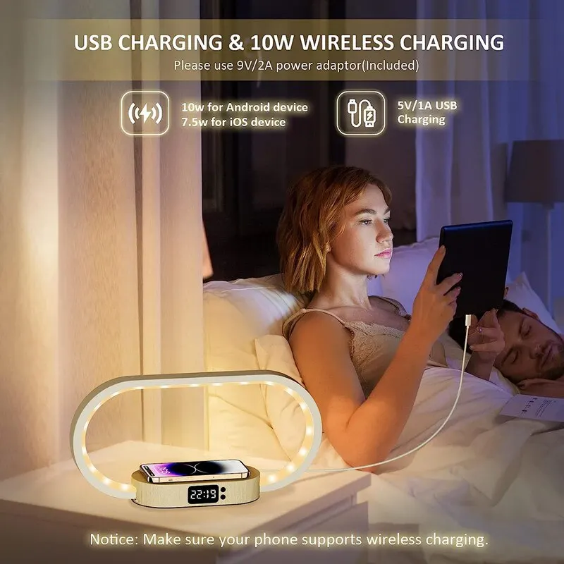 다기능 무선 충전기 패드 스탠드 시계, LED 데스크 램프, 야간 조명, USB 포트, 고속 충전 스테이션 독, 아이폰, 삼성용
