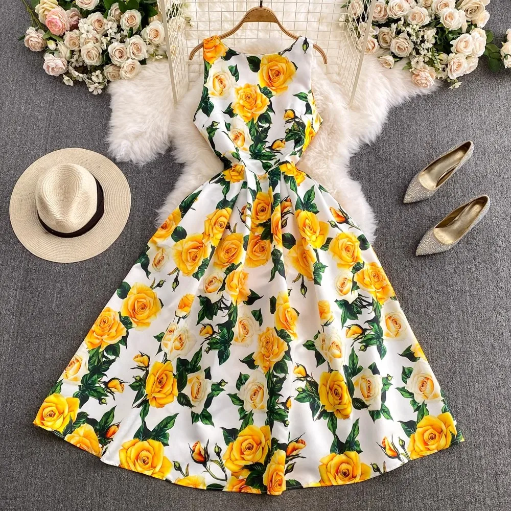 Fashion Runway Summer Midi Long Women Dress O-Neck Sleeveless Elegant  Yellow Rose Print Office Lady Work Wear Vestidos 6839 - AliExpress