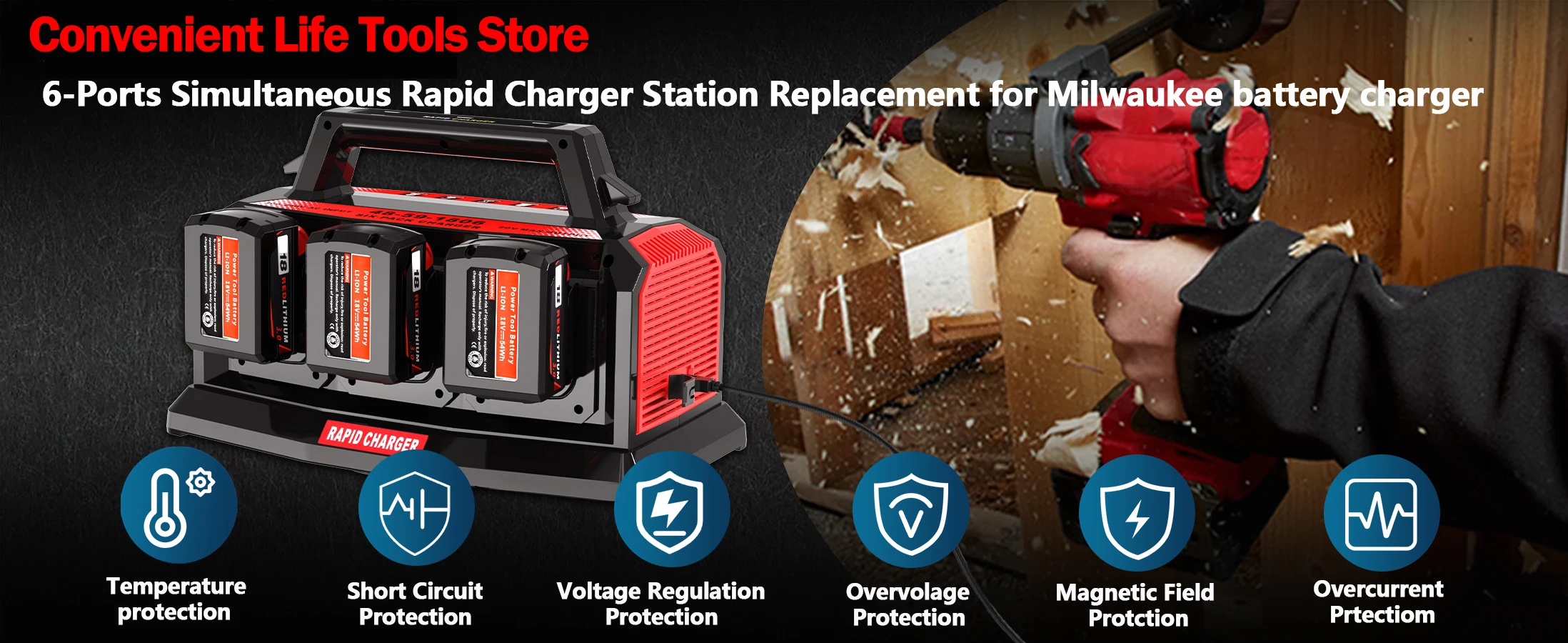 Super Battery Charger Compatible Milwaukee M18 Battery 4/6-Ports Simultaneous Ra