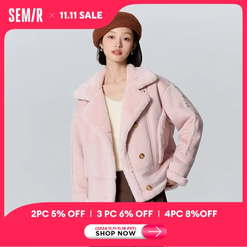 Semir Jacket Women Faux Suede Faux Rabbit Fur Warm Winter Lapel Motorcycle Style Retro Loose Jacket faux fur jacket