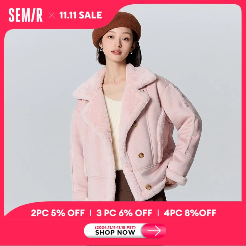 Semir Jacket Women Faux Suede Faux Rabbit Fur Warm 2023 Winter New Lapel Motorcycle Style Retro Loose Jacket