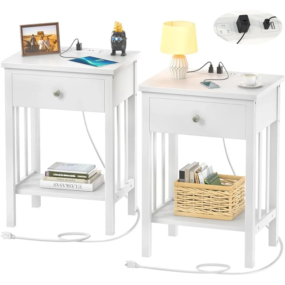 

White Nightstand with Charging Station Set of2,Bamboo Bedside Tables Set USB Ports and Outlets,Night Stand End Table with Drawer