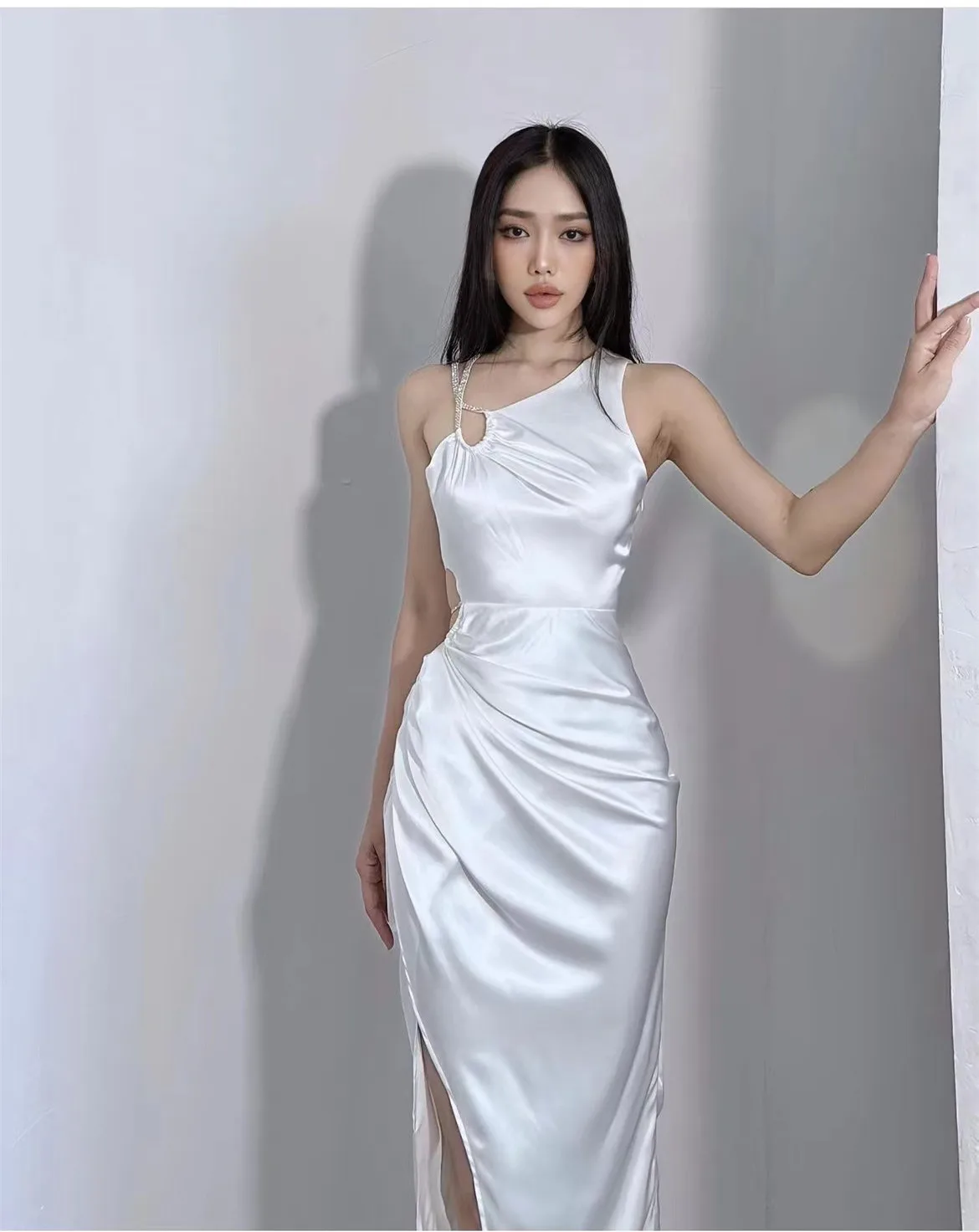 Women Satin Sleeveless Claw Chain One Shoulder Ruched Bodycon Dress High  Waist Slit Split Wrap Hem Party Formal Prom Midi Dress - AliExpress