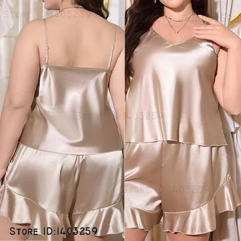 Oversize 3XL 4XL 5XL Pajamas Set Sleewpear Spring Summer New Nightwear Intimate Lingerie Champagne Silk Satin Home Clothes