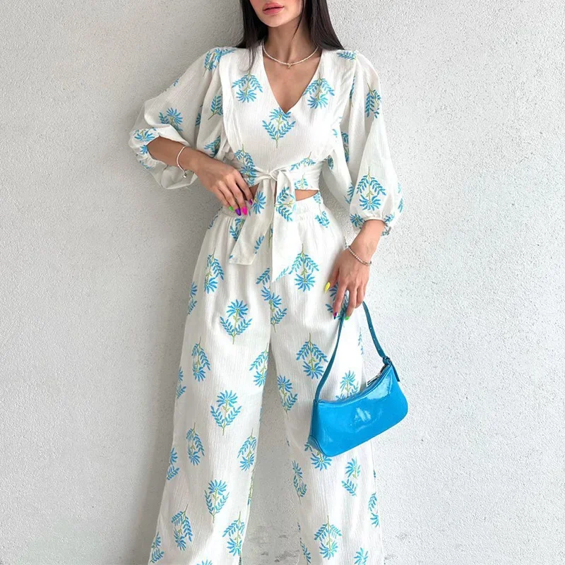 Casual V Neck Temperament Printed Bubble Sleeve Top Pants Spring Outfits Women 2024 Women's Two Piece Set