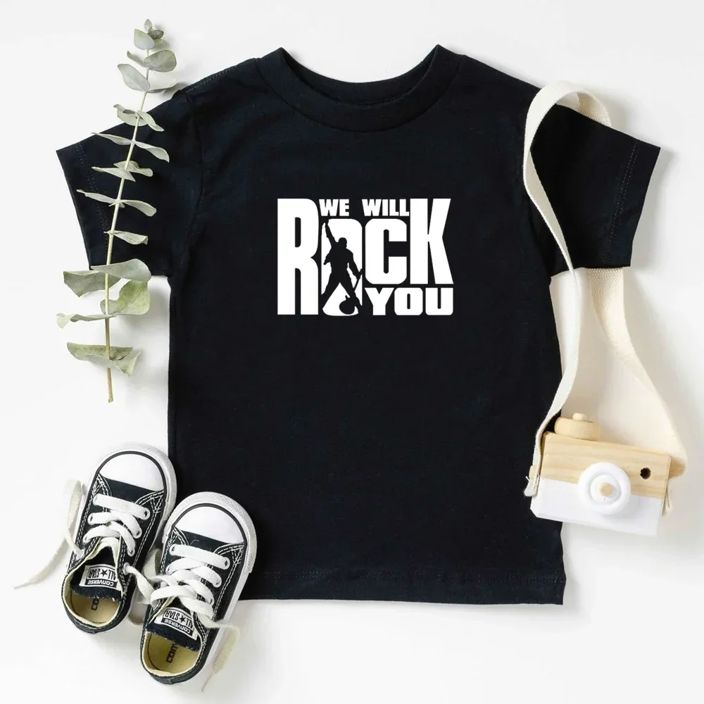 We Will Rock You Queen Print T shirt Kids Summer White Tops Children Fashion Casual T-shirt Rock Anthem Childrens Tshirt 3