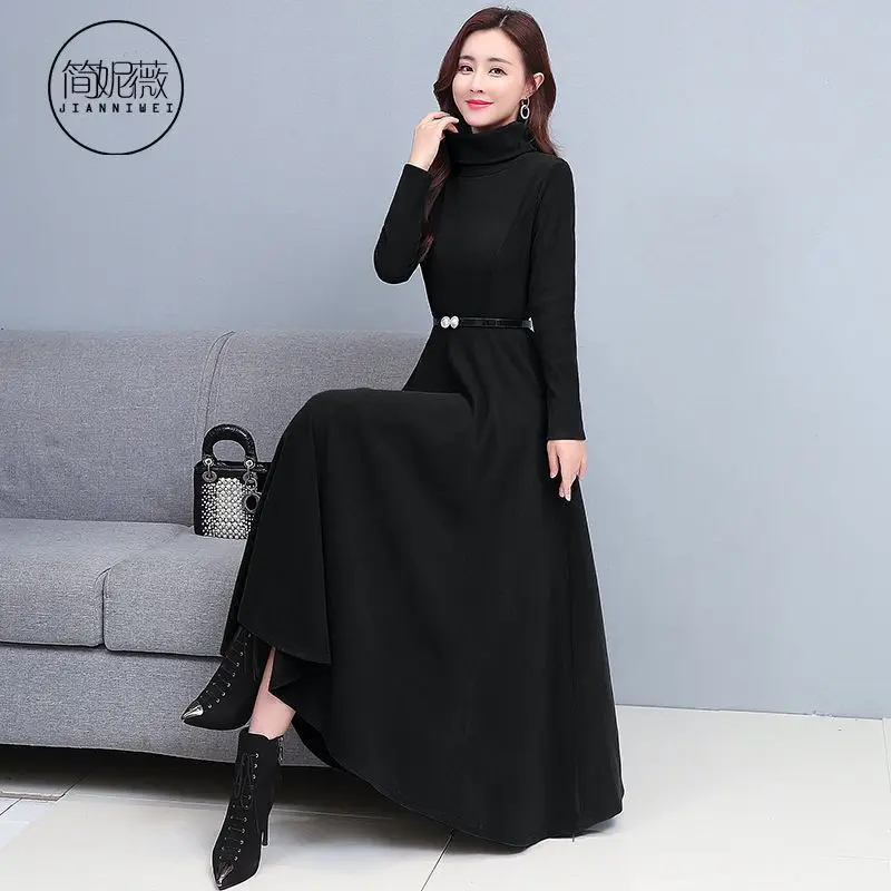 

New Female Clothing Solid color flannel Long Dress Fall Winter Vintage All-match A-Line Waist Casual high collar draft Dresses
