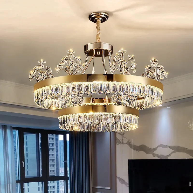 

Postmodern Light Luxury Double-Layer Crystal Chandelier Villa Building Duplex Building Home Atmosphere Living Room Pendant Light