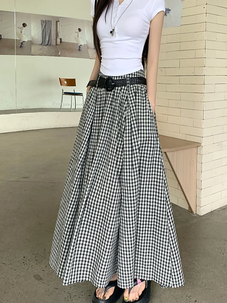 High Quality Black and White Skirt with Belt Korean Fashion High