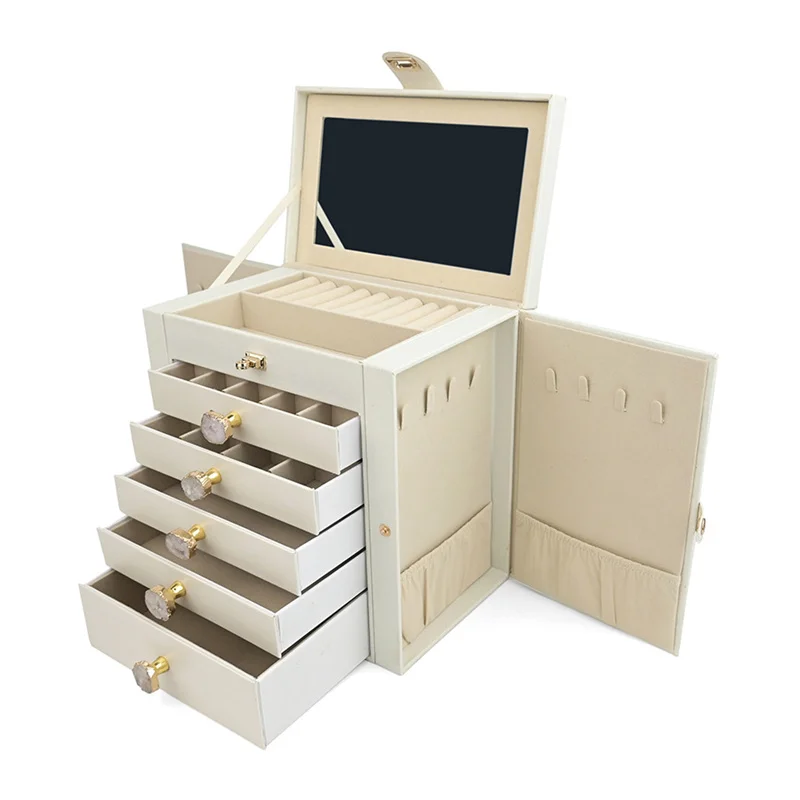 New Large Capacity 6 Layers Jewelry Box with Mirror Leather Earrings Rings Necklaces Jewelry Storage Box Organzers 5 Drawer Gift