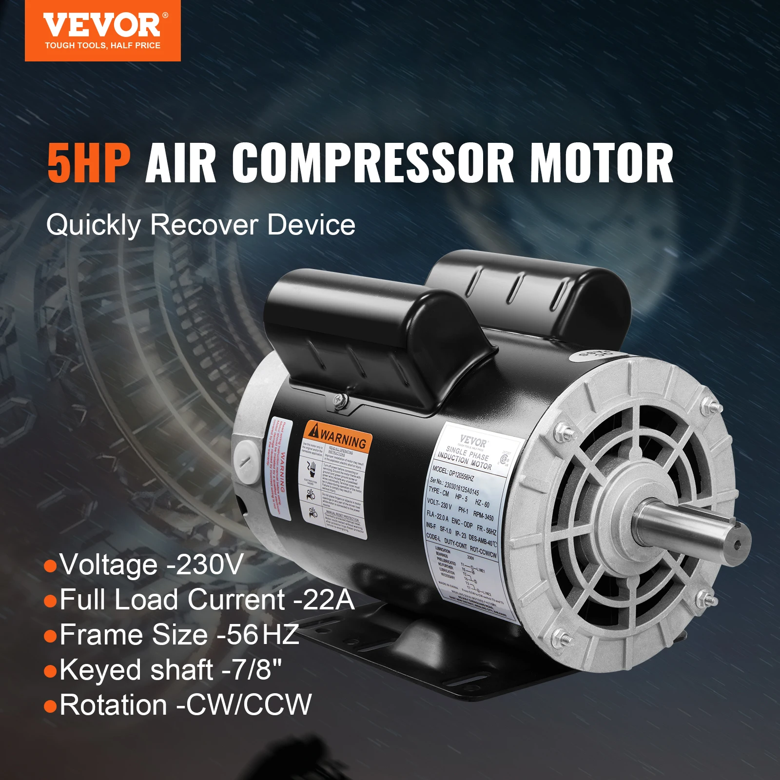 VEVOR 5HP Air Compressor Electric Motor 220V CW/CCW Rotation 22 Amps 3450RPM Single Phase High Speed AC Motor for Air Compressor