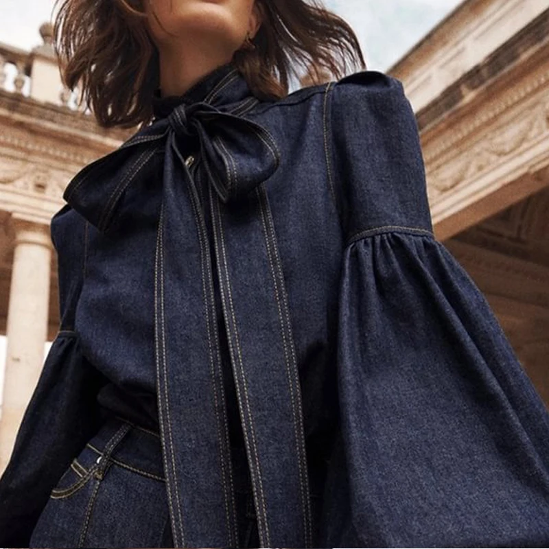 Chic Denim Lace Up Women‘s Shirt Fashion Loose Turn-down Collar Long Sleeve Female Shirts 2024 Sping Pocket Office Lady Top