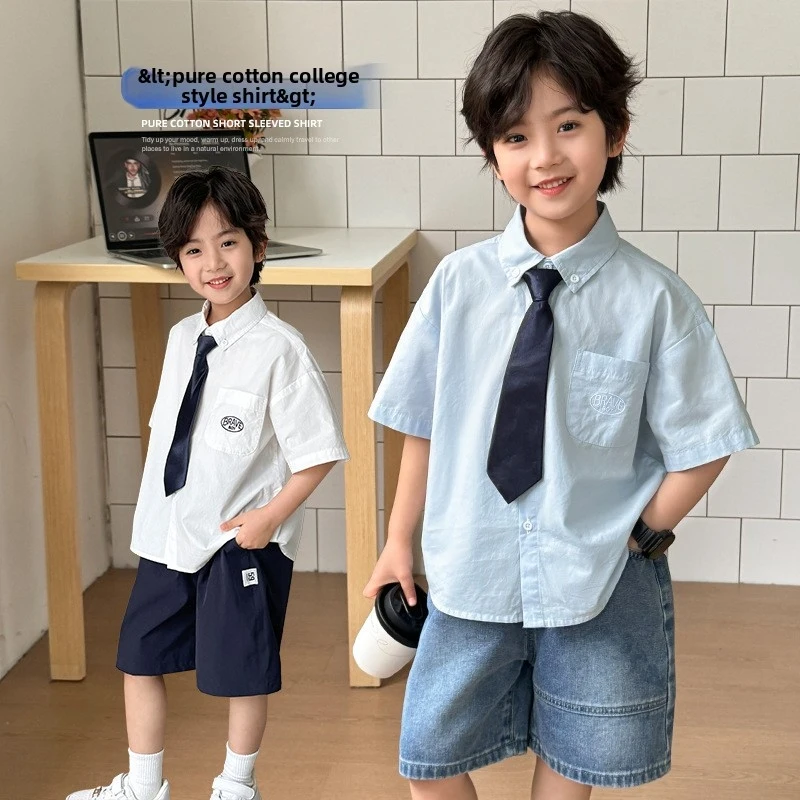 HAIMA 소년 면화 반팔 셔츠 여름 신상품 한국 스타일 캐주얼 블라우스 중형 대형 어린이를위한 아동 의류