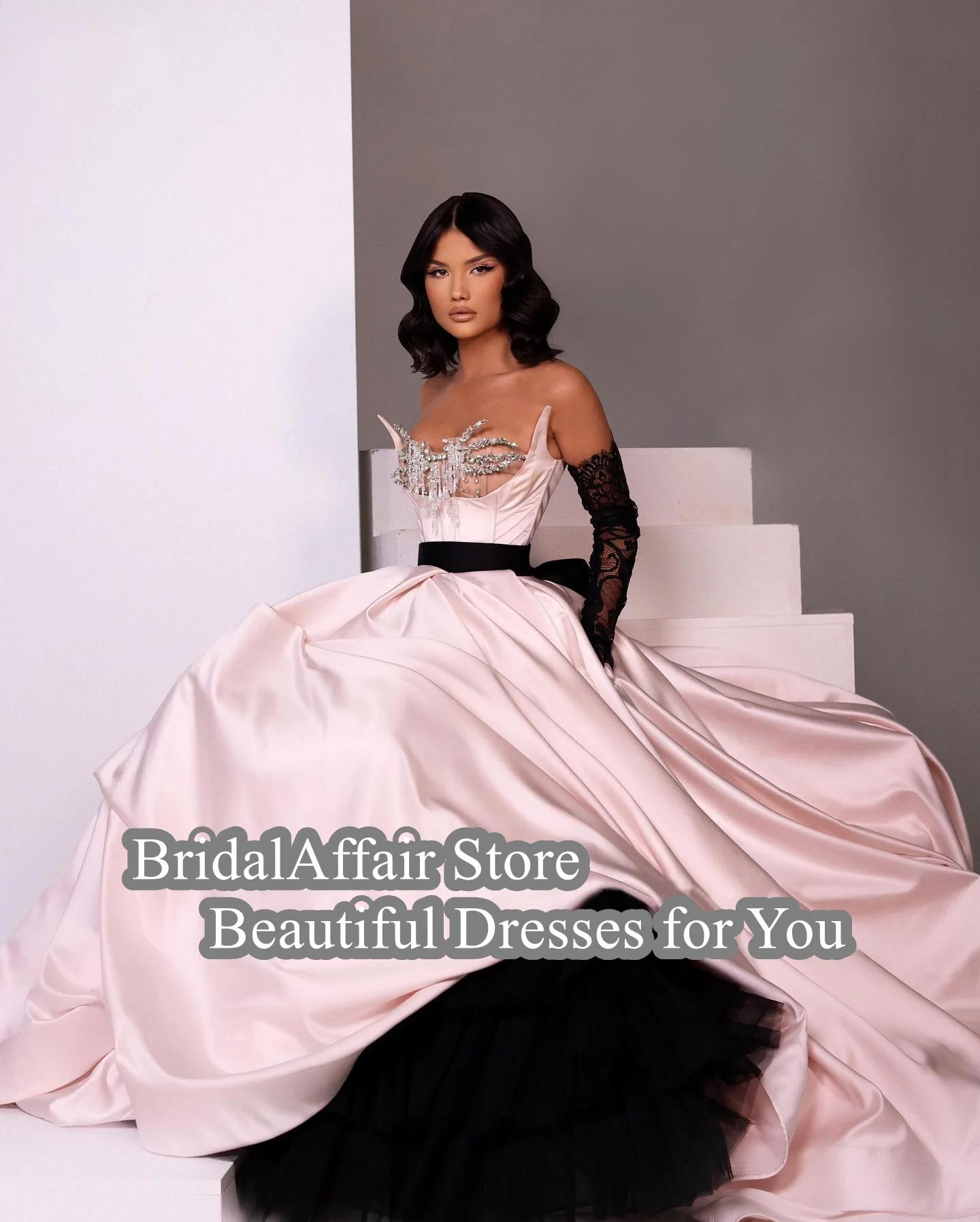 BridalAffair Blush Pink Evening DressOff Shoulder Diamond Black Belt A-Line Prom Gown Crystals Saudi Arabia Celebrity Party Gown