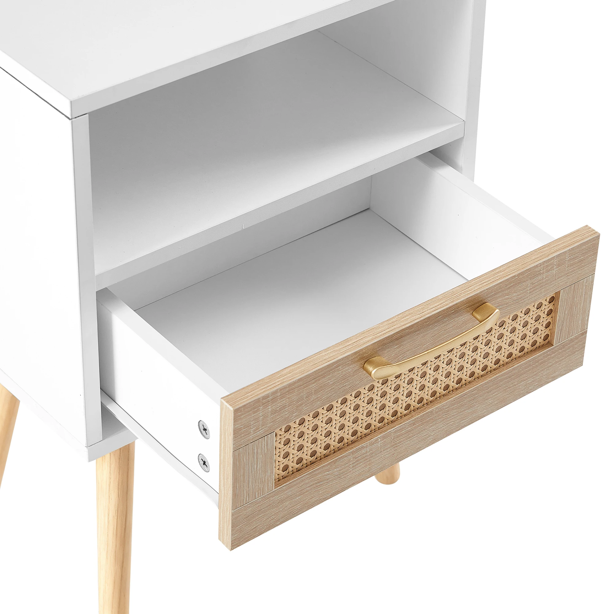 Rattan-Beistelltisch mit Schublade und Massivholzbeinen, moderner Nachttisch, Beistelltisch für Wohnzimmer, Schlafzimmer, weiß – Detail 14
