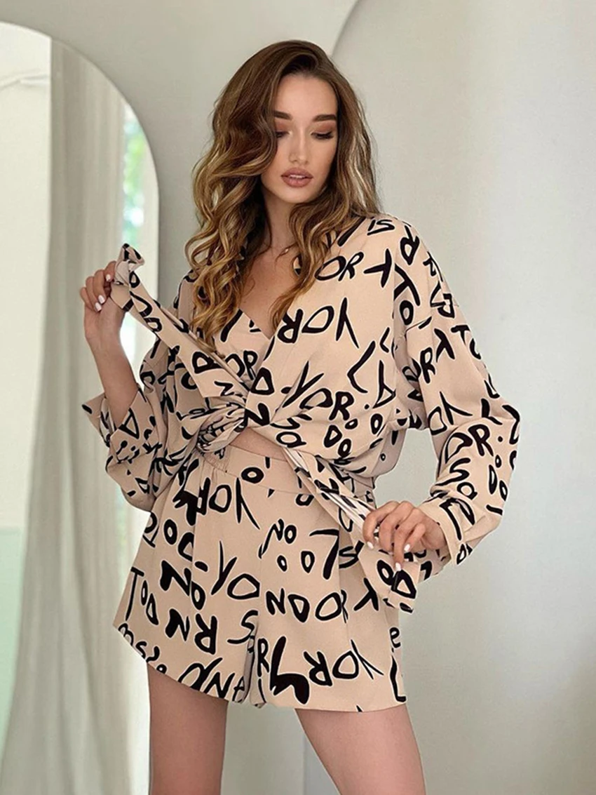 Mrthaqiqi Printing Women Nightwear 3 Piece Set Long Sleeve Turn-Down Collar Pajamas Sexy Tank Tops Sleepwear Shorts Nightie Suit