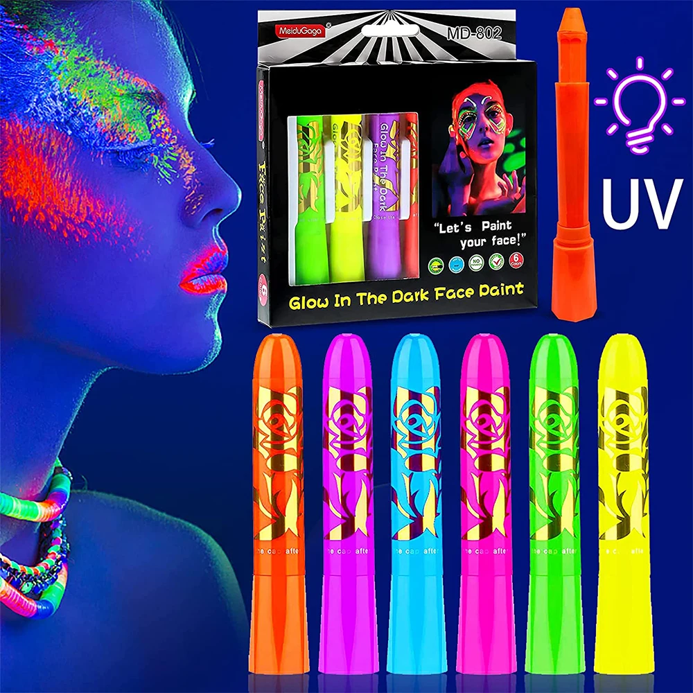 Glow in The Black Light UV Face Paint Crayon, Black Light Neon Face & Body  Paint Non Toxic Fluorescent Mardi Gras Halloween Makeup Marker for Kids