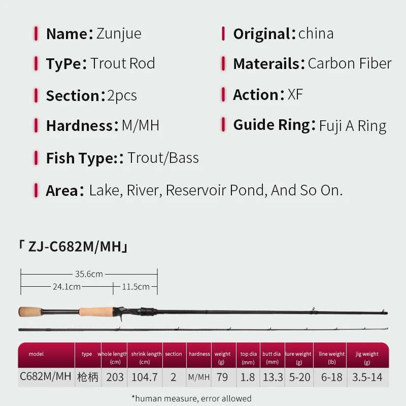 Kawa Fishing Rod Fuji A Guide Ring Carbon Fiber Wheel Seats XF Action Casting Rod 2.03m Length For Trout Bass Lures Weight 5-20g