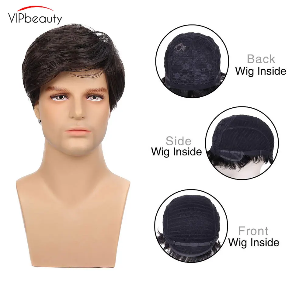 Vipbeauty Natural Black Human Hair Male Wigs Short Pixie Wig For Men Short Toupee Wig With Bangs