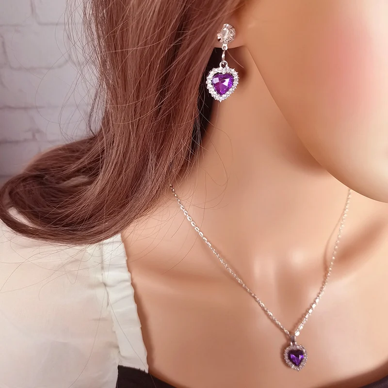 1 Set Crystal Heart Pendants Necklaces and Drop Earring for Women Wedding Bride Fashion Jewelry 2
