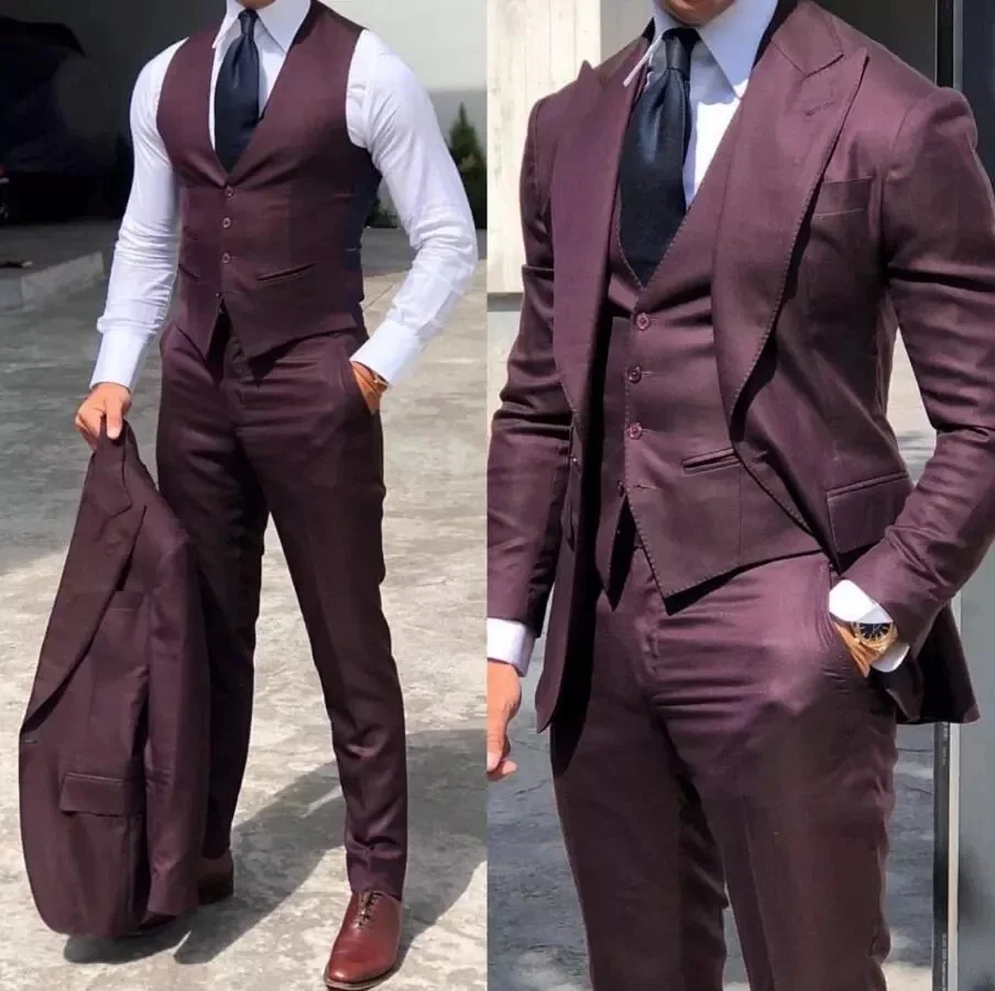 Burgundy Classic Men Suits 3 Pieces Tuxedo Peak Lapel Groomsmen Wedding Suits Set Fashion Men Business Blazer Jacket+Pants+Vest