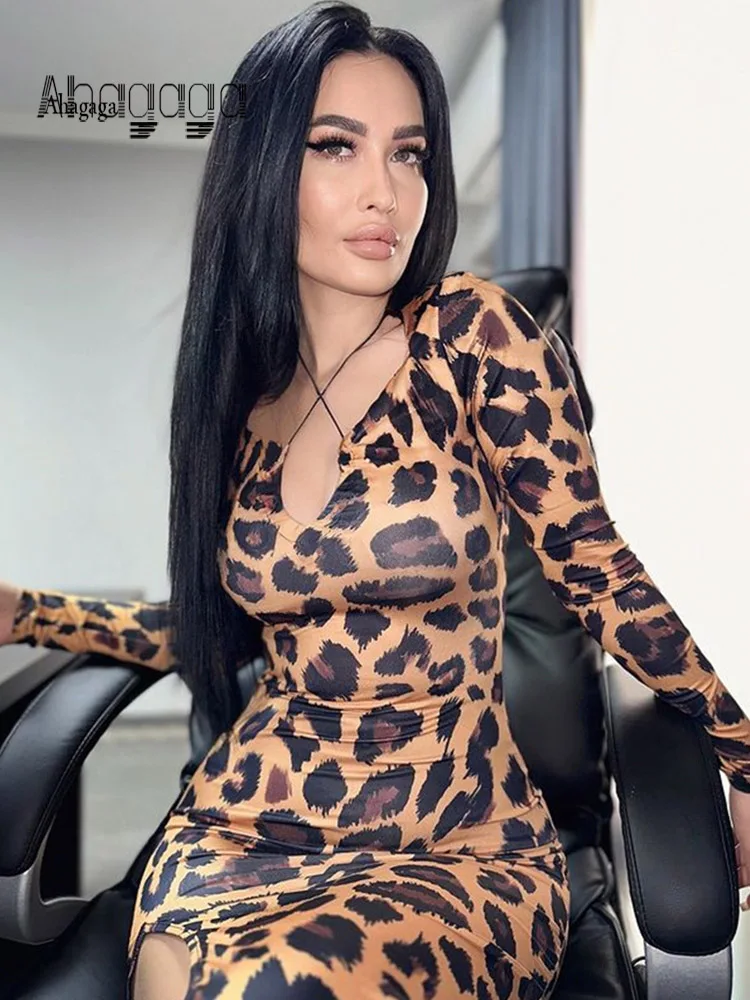 

Ahagaga Sexy Leopard Printed Dresses Streetwear Fashion Casual V-neck Package Hip Long Sleeve Slim Skinny Vestidos Robes Women