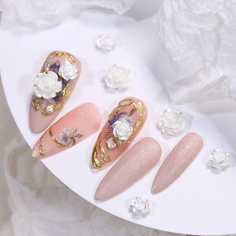 50pcs Cute New Resin Mini 3D White Plated Rose Nail Rhinestones Gems Glitter Nail Art Jewelry Manicure Nail Art Decorations 3