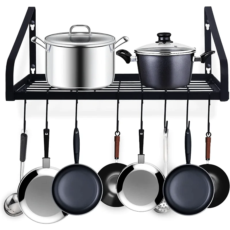 

1pc Pot and Pan Hanger, Wall Mounted Pots and Pan Hanging Rack with 8 Hooks for Kitchen Cookware Utensils 2 DIY Methods Black St