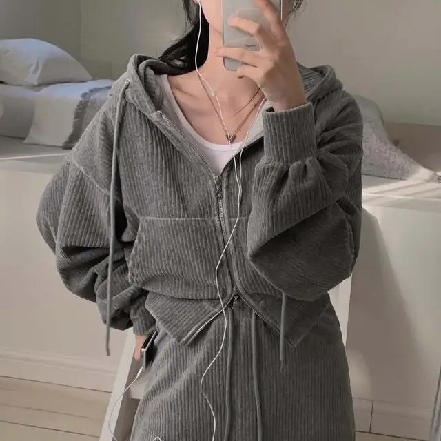 Korean CHic Corduroy Two-piece Skirt Sets Women Hoodie Crop Top Coats Bodycon Mini Skirt Autumn Winter New Outfits Casual Suit
