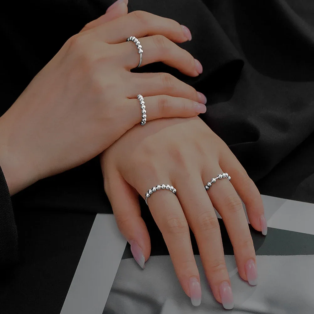925 Sterling Silver Stress Relief Fidget Spinner Rings Rotate Beads Anxiety Adjustable Rings for Women Men Fine Jewelry silver rings,silver ring,rotating ring