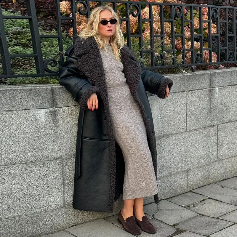 Fashion Lamb Wool PU Leather Long Jacket Women With Belt Patchwork Lapel Pocket Oversize Overcoat Winter Warm Thick Outwear