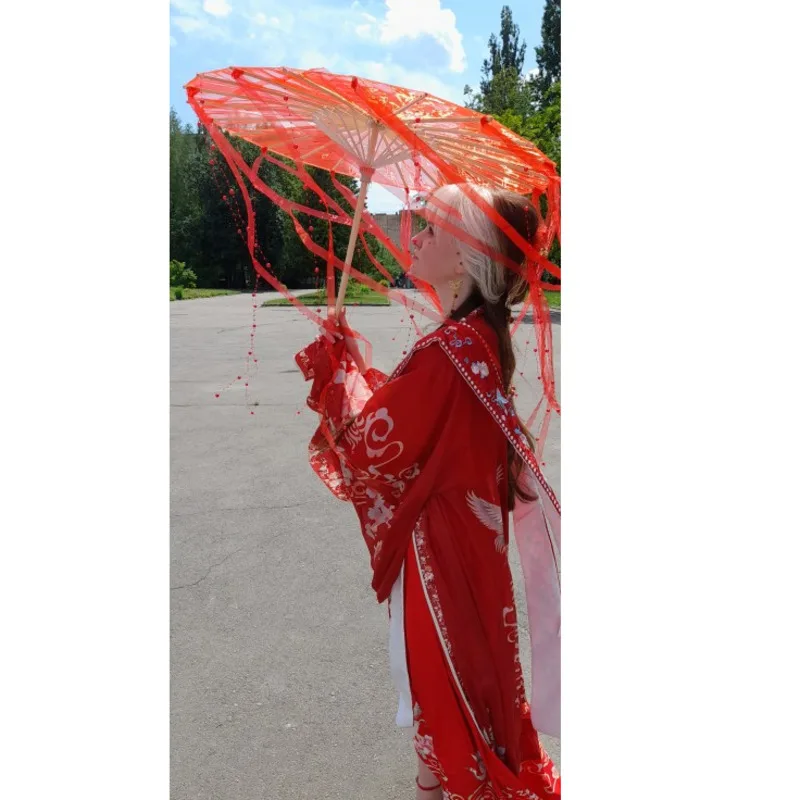 76cm Chinese Japan Yarn Silk Cloth Umbrella transparent Ancient Princess Drama White Craft Umbrella Red Cosplay