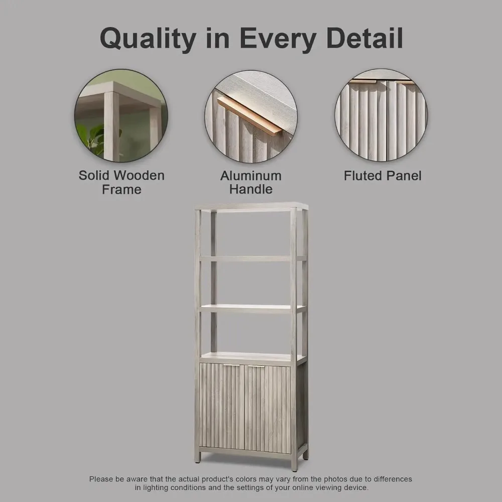 Oxford bookcase, high bookcase with door cabinet, 5-tier bookcase, large wooden bookcase with fluted panel, grey oak 3