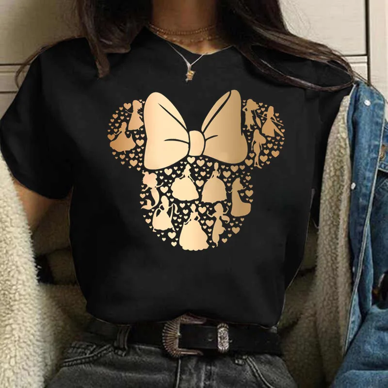 Gold Micky Head Top Casual Da Donna Mickey Mouse Print Top Moda Donna Disney Cartoon T-Shirt Da Donna Manica Corta Da Donna