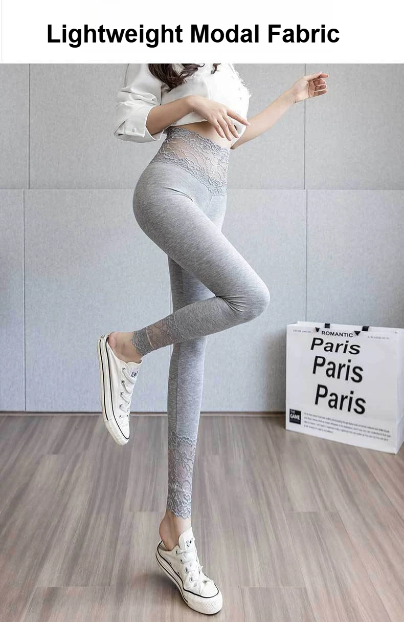 Hochgeschnittene Leggings mit Spitzenbesatz für Damen, Frühling/Herbst Oberbekleidung, Grau, Schlanke Passform, Dehnbar, Atmungsaktiv, Alltags-Strumpfhose – Detail 3