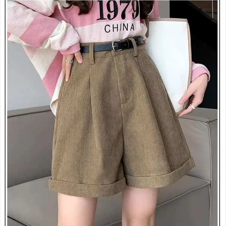 Autumn Winter Corduroy Shorts Women Wide-legged Pants Loose Thickened Casual Retro Version Soft Warm