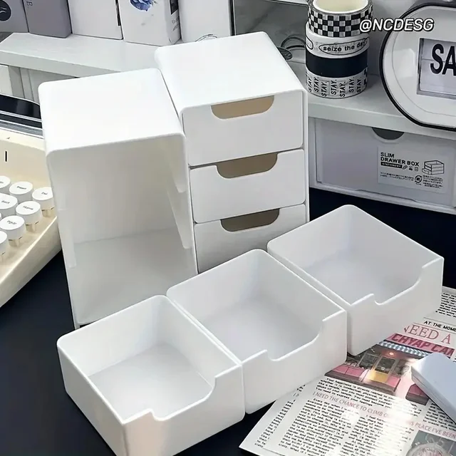 Boîte de rangement de cosmétiques en plastique à 3 niveaux, organisateur avec tiroirs, rangement de comptoir multifonctionnel pour bijoux, fournitures de bureau 5
